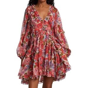 Zimmermann Frill Billow Poppy Floral Flounce Tiered Silk Mini Dress 1 US 4 6 S